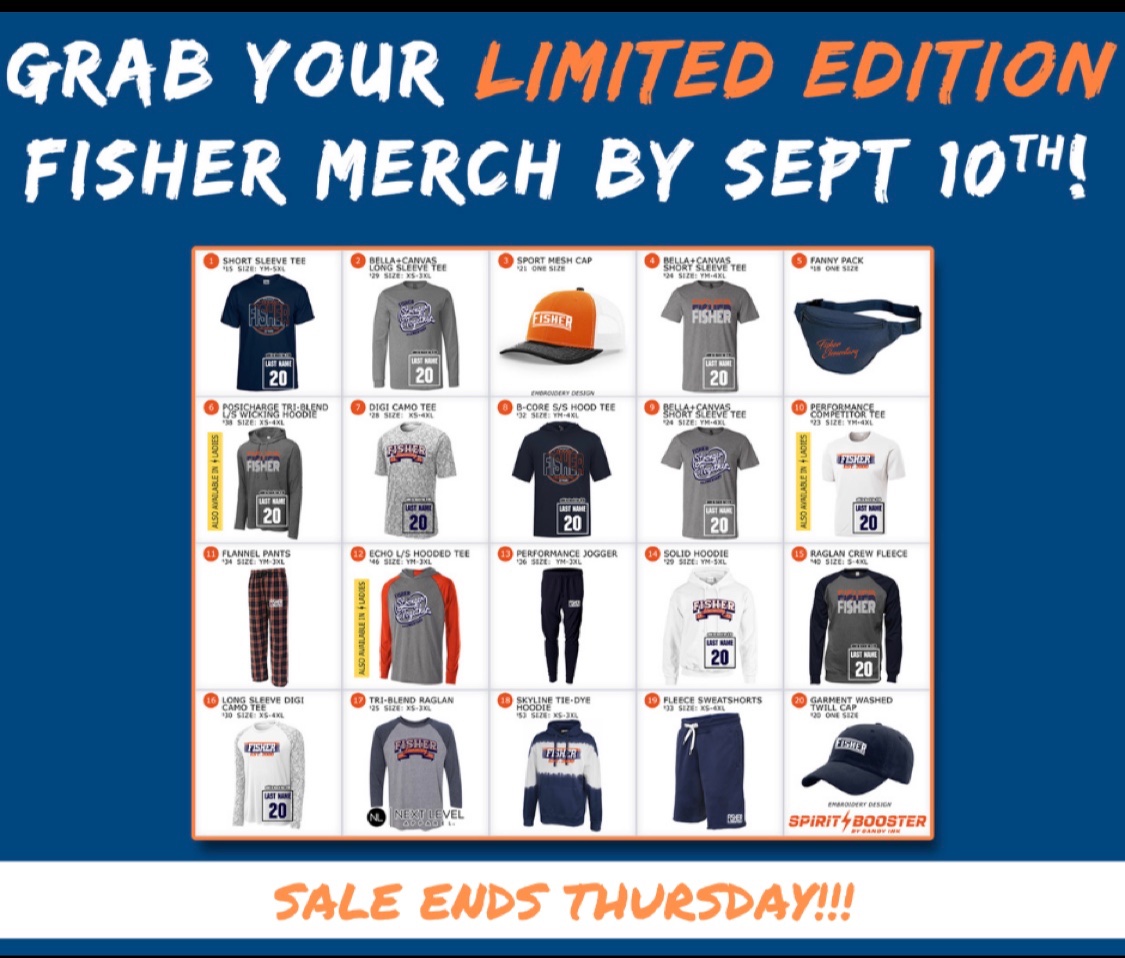 FisherElemPTA's tweet photo. Don’t forget to grab your Fisher merchandise from the spirit store 🎉 this Thursday is the last day to purchase . Shop on the link below-
⬇️
https://t.co/EfwOVh1Pkz https://t.co/YR8bvjS9HN