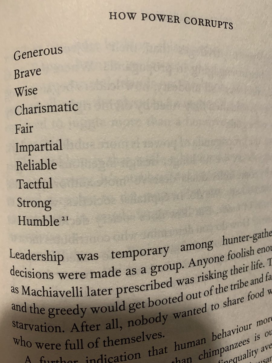 The book cites American anthropologist’s list of leadership traits needed in egalitarian hunter-gatherer societies Leadership was temporary as decisions were collectively done and Machiavellian approach was suicidal! Caring & Sharing was the norm. (10/n)
