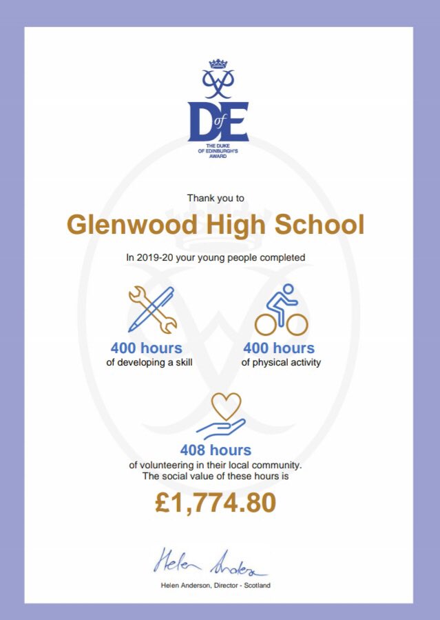 GEOglenwood1's tweet photo. A big thank you to DofEScotland for sending us a Social Value Certificate celebrating the number of hours our DofE pupils have put into their Volunteering, Physical and Skills sections in 2019-2020 as well as the impact of their volunteering expressed as a monetary value!#DofE https://t.co/uzbXGOTggi