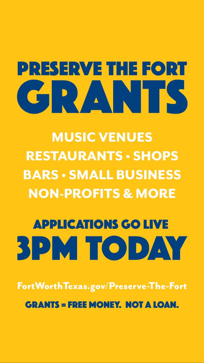 HearFortWorth's tweet photo. 🚨Applications Start at 3PM Today 🚨

Preserve the Fort Grants to Support Small Businesses Effected by COVID-19

Assistance to Music Venues, Non-Profits, Restaurants, Bars &amp; Other Small Businesses.  

$8.8 Million Available. 
Grants. Not Loans.

https://t.co/cU0stJL9Cb https://t.co/IefPXkI5Ac