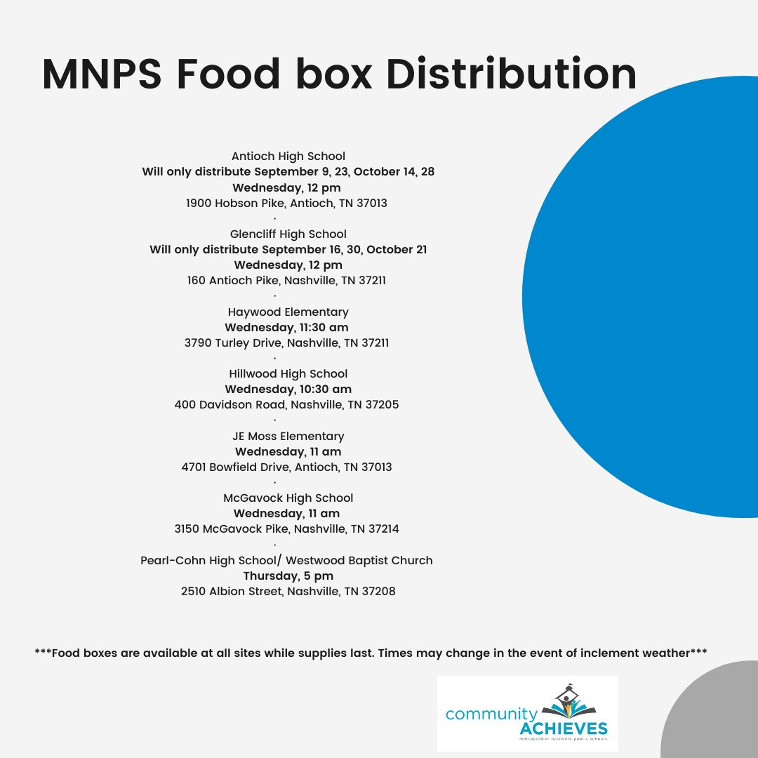 mnps_fcp's tweet photo. Updated Information!!!! Please take a moment to share the updated MNPS Food box Distribution information!
@MetroSchools @MetroNashville
#EquityinEducation #CommunityAchieves #TheCAWay https://t.co/D8aHw14cNL