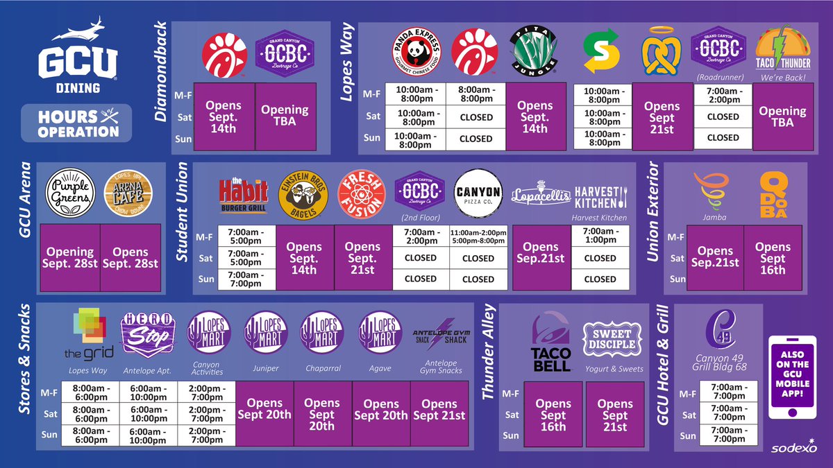GCUDining's tweet photo. We’ve been hearing your Q’s: so here are our (tentative) opening days! 💜🤔

These are subject to change, please note. @gcu 

#lopesup #gcu #gcudining #hoursofop #feedtheherd #knowtheherd https://t.co/hC32Szk8yO