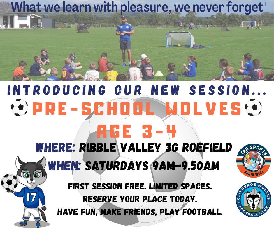 clitheroewolves's tweet photo. If you want to start your journey with Wolves then we are now taking on Pre School age children. With our partners TAG Sports. #clearpathway #developourown https://t.co/NP1j2rCwTa