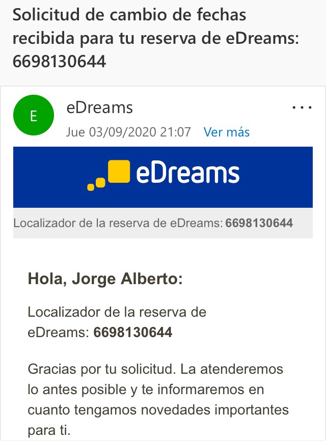 MartaPdIBelda's tweet photo. @eDreams Adjunto mail @eDreams confirmando que atenderían mi petición de cambio. Hoy recibo una rotunda negativa sin ninguna explicación pese que al contactar con @Iberia ,nos dieron la posibilidad de cambio si lo gestionaban desde #eDreams. No hay derecho. #engaño #viajes @facua @ocu https://t.co/LlNmahjCpz