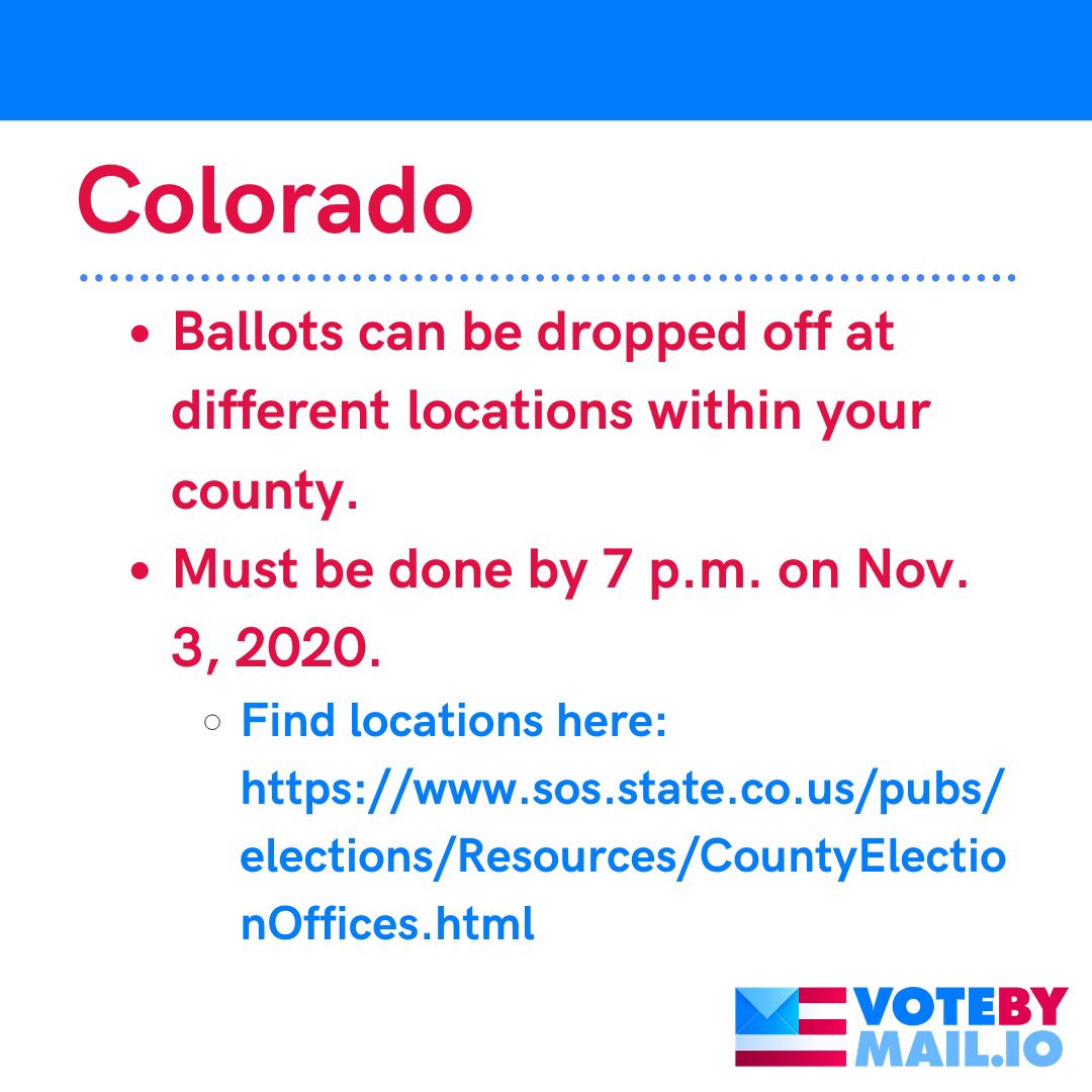 Votebymailio's tweet photo. How to return your absentee ballot in person if you live in California, Colorado, Connecticut or Delaware #VoteByMail https://t.co/5yistJF50k