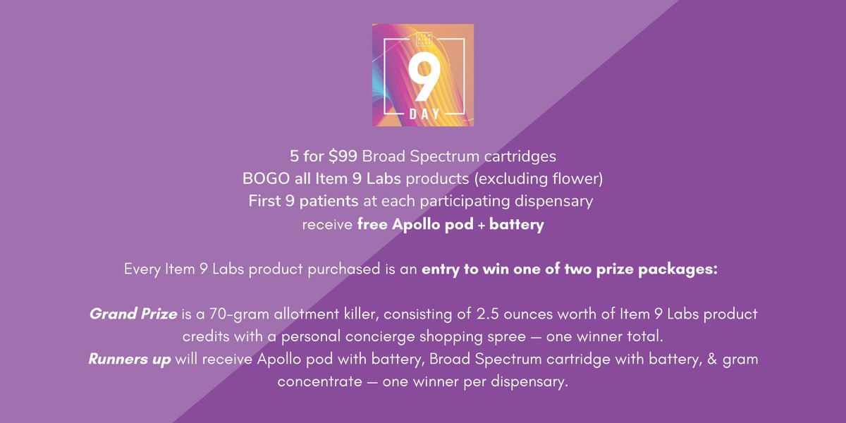 item9labs's tweet image. Tomorrow is a very special day here at Item Nine Labs. In celebration of our annual holiday #9Day, we have partnered with a handful of dispensaries across the valley to give our patients the recognition they deserve! —&amp;gt;