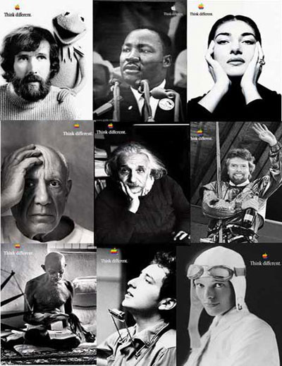 But note how the Think Different ad works on two groups:—People who already identify as unique thinkers—People who WANT to be unique thinkersApple captures a massive market this way.Who wouldn't want their identity linked to Picasso or Einstein?