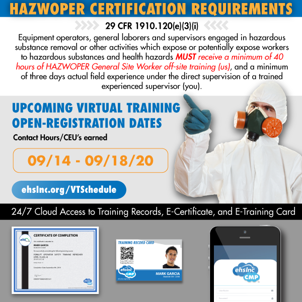 Newly added to our Open-Registration #Virtual Training Schedule - 40 Hour #HAZWOPER #GeneralSiteWorker #Certification #Training!

Getting your HAZWOPER certification at your finger tips has never been easier.

Earn 40 #ContactHours for #CEUs.

Learn more: ehsinc.org/VTSchedule.html