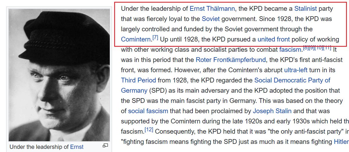 4) In the early 1930s, German's Communist Party (KDP) was led by Ernst Thälmann, a disciple of Joseph Stalin.Thälmann was fiercly loyal to the Soviet government, which controlled and funded KDP and Antifa.