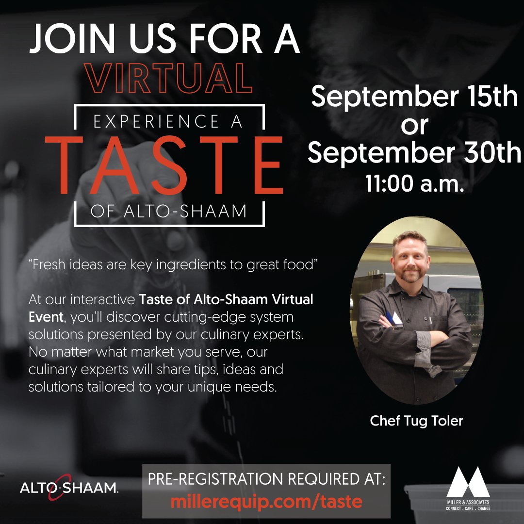 esourcemiller's tweet image. Join us for a Virtual Taste of Alto-Shaam! Register online for our September 15th event!
millerequip.com/taste
