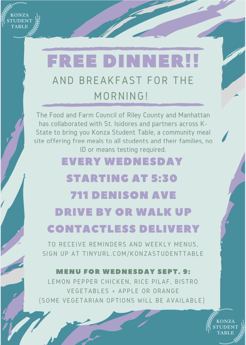 The Konza Student Table is a free, community meal site specifically for students and their families which will officially kick off tomorrow at 5:30! Please share this message with fellow Wildcats and friends!