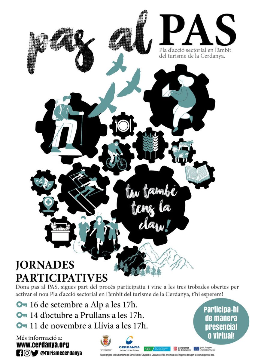 TurismeCerdanya's tweet photo. 📢 16/09 a Alp: Jornada participativa #pasalPAS
Una primera jornada essencial per descobrir com ens organitzem per iniciar el moviment de l’engrenatge del PAS!
Treballarem en base a la #Sociocràcia, una tecnologia social transformadora, t'hi esperem!
👉 https://t.co/JU6zYdh7v5 https://t.co/uphsceJl0L