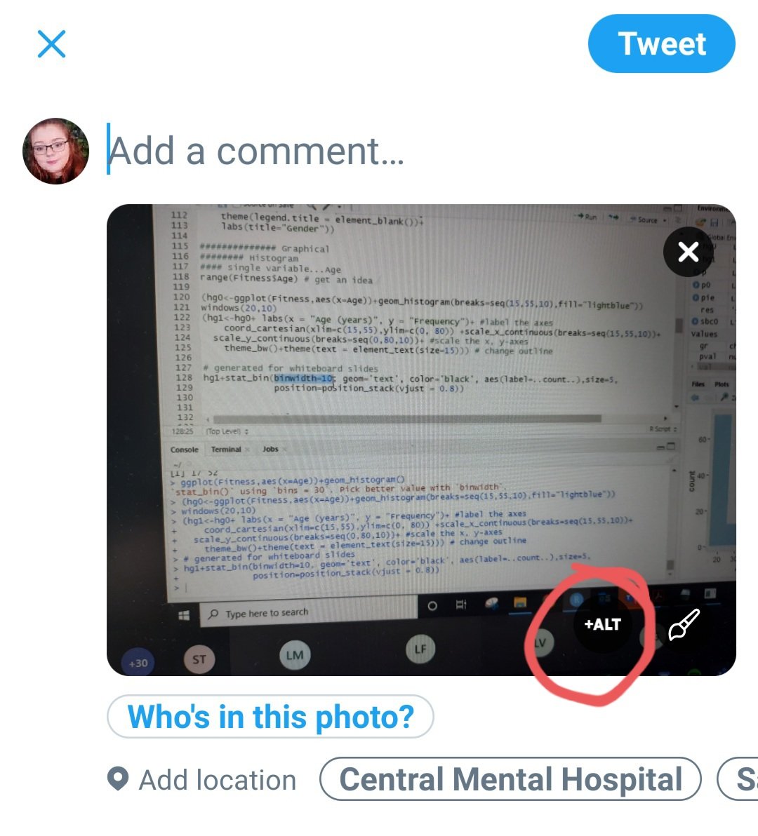 So how do you go about adding alt text to your post? When you load an image, a little black +ALT button will appear on the image (image 1). If you press this, then your view will change to a write alt text page which is the image with a blank text box at the bottom (image 2).