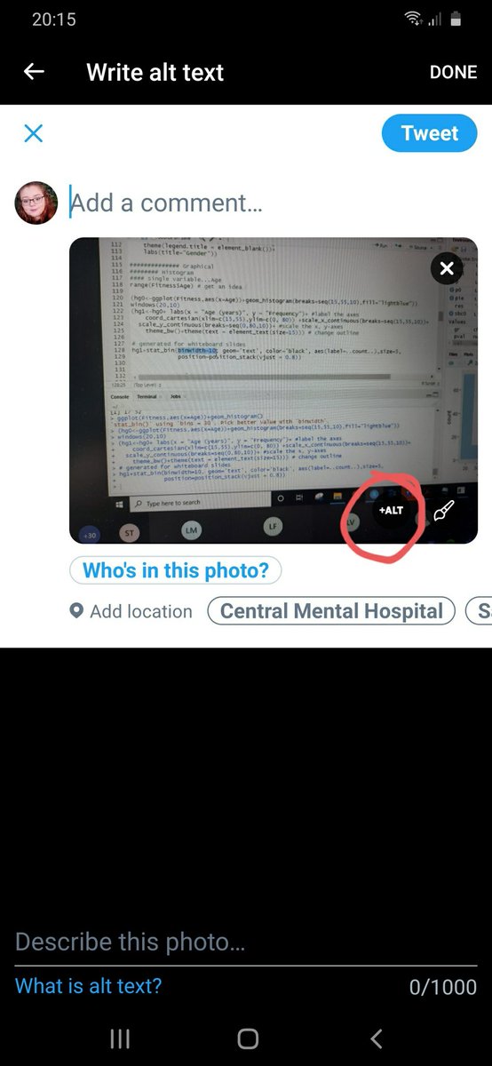 So how do you go about adding alt text to your post? When you load an image, a little black +ALT button will appear on the image (image 1). If you press this, then your view will change to a write alt text page which is the image with a blank text box at the bottom (image 2).