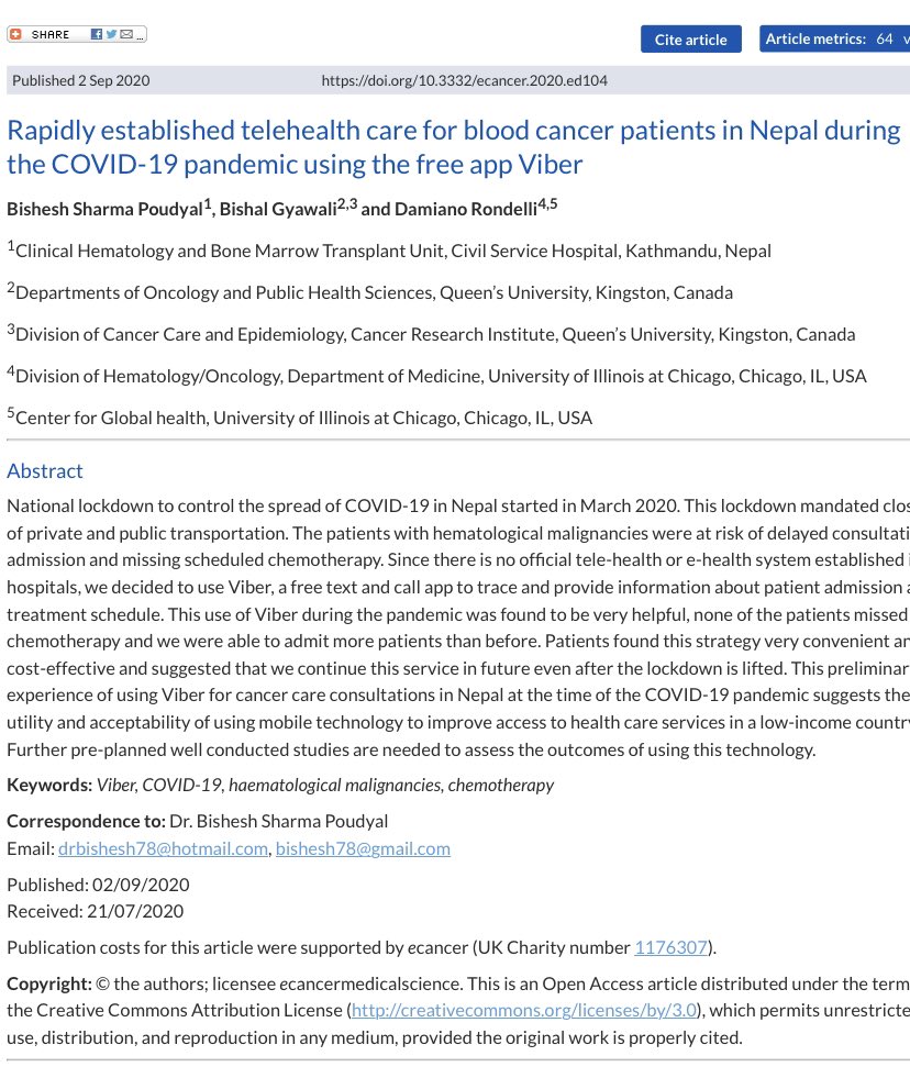 Using Viber as an emergency tele-health modality in Nepal during the  #COVID19 lockdown.  https://ecancer.org/en/journal/editorial/104-rapidly-established-telehealth-care-for-blood-cancer-patients-in-nepal-during-the-covid-19-pandemic-using-the-free-app-viber  @ecancer with  @Poudyalbishesh and  @DamianoRondell1