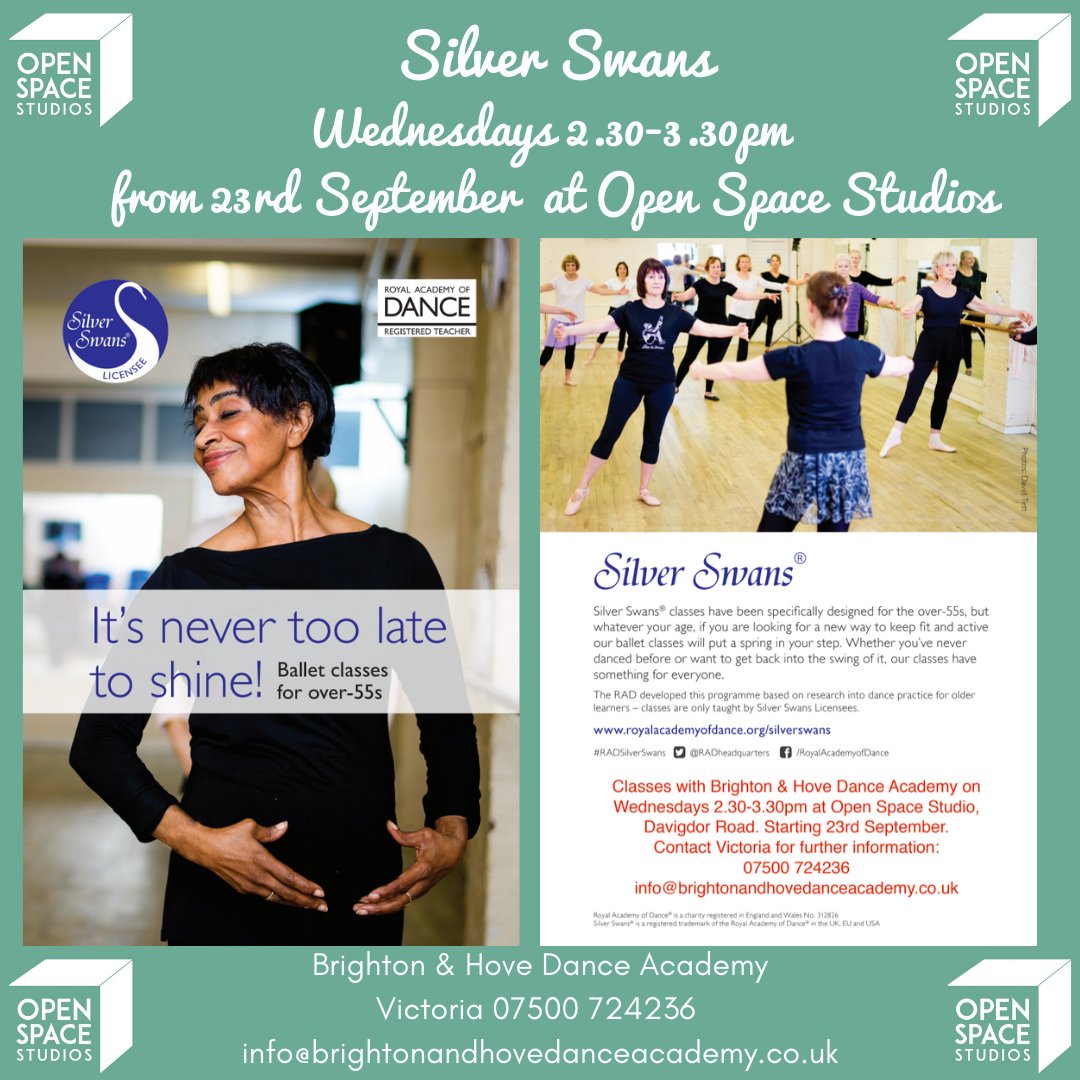 OpenSpaceHove's tweet photo. Silver Swans coming to Open Space Studios from 23rd September from the amazing Brighton &amp; Hove Dance Academy.

Wednesdays 2.30-3.30pm - contact Victoria for full info on 07500 724236 or email info@brightonandhovedanceacademy.co.uk 

@RADheadquarters Royal Academy of Dance https://t.co/OORKQRahZt