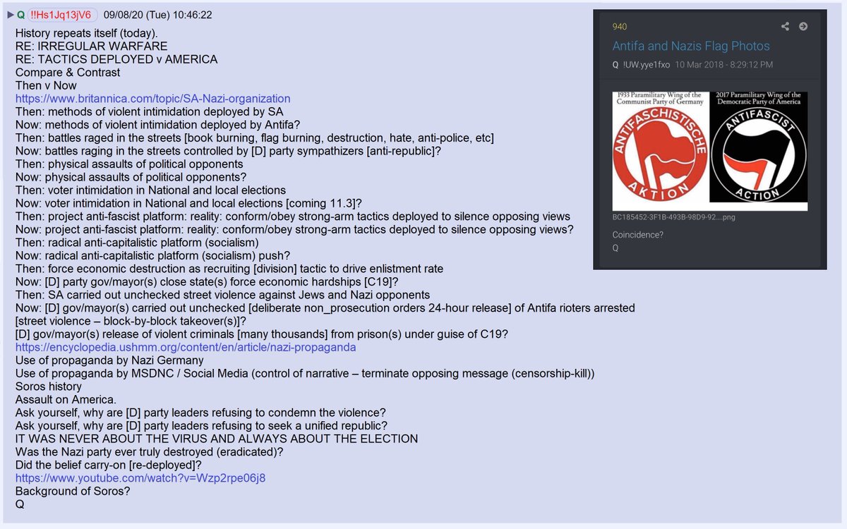 9) Q asked us to examine the similarities between Hitler's brownshirts, modern-day Antifa, and its 1930s predecessor.Is history repeating itself?