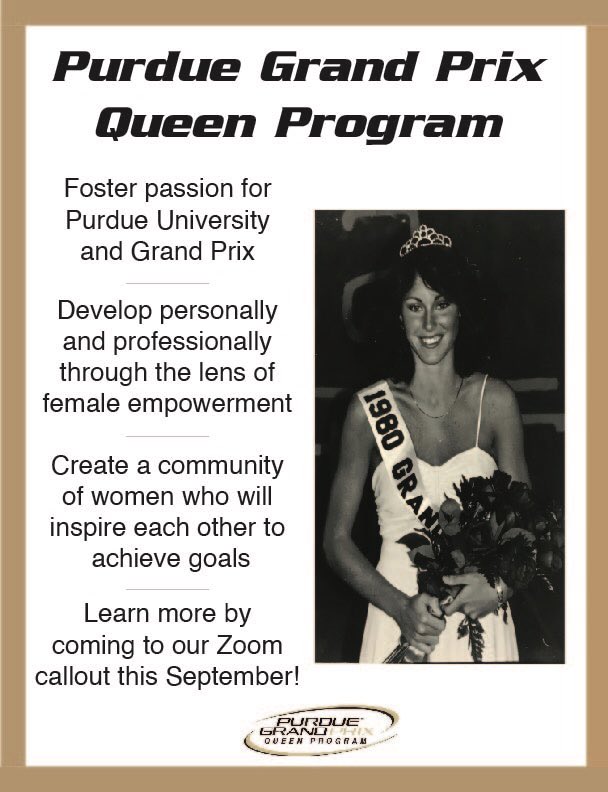 Be a part of one of the greatest traditions at Purdue and joint our Queen Program!👑Zoom information will be posted soon! #PurdueGrandPrix #PGPRace64