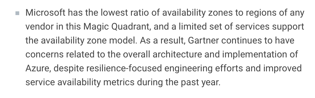 "So  @azure regions are basically a rickety trailer full of server racks parked in a  @Walmart parking lot" is what  @gartner_inc is really saying here. "Go home, cloud's full" was what some customers were told late last year before COVID19 hit; this proved distressing.