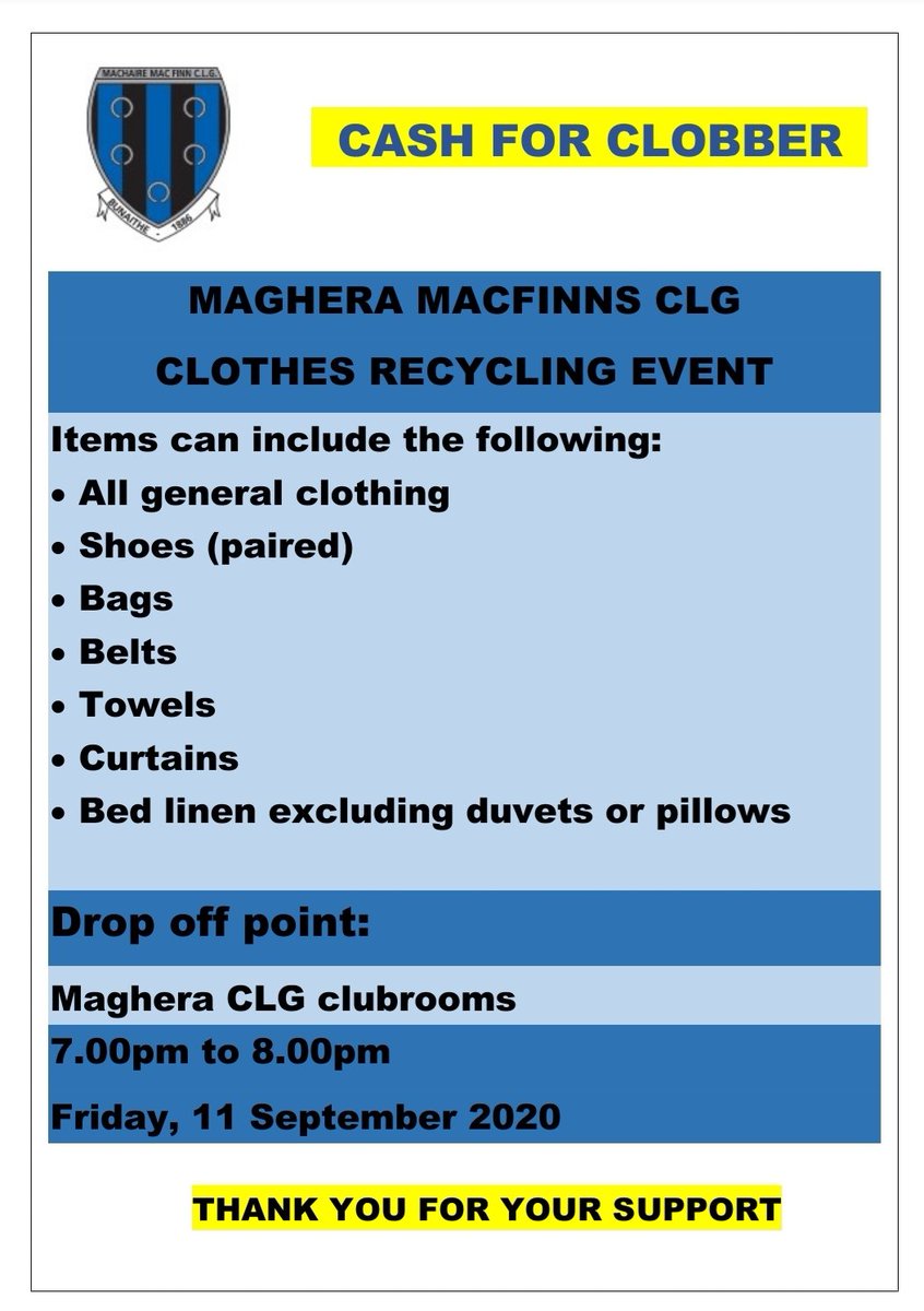 Magheramacfinns's tweet photo. CASH FOR CLOBBER 
@MagheraComAlert @lurgan_ladies @RamorUnited @Munterconnaght @CavanCoBoardGaa https://t.co/O3gcGfaVGt