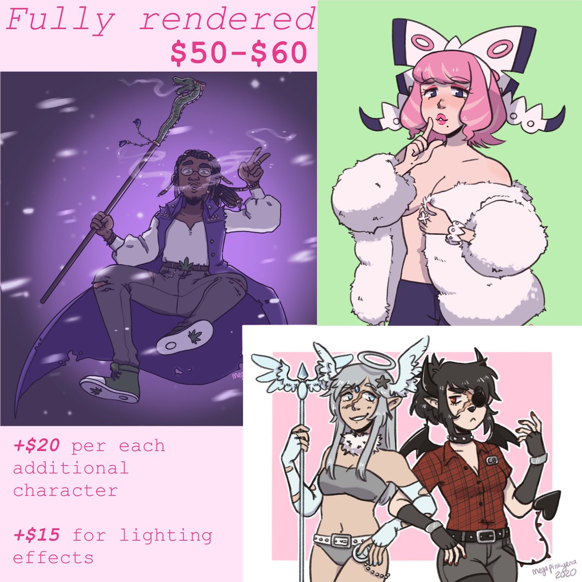‼️ COMMISSIONS OPEN PERMANENTLY‼️
I can show additional artwork samples if needed.
DM or email me if you are interested. :)

Email: megapinkyena@gmail.com
Instagram: megapinkyena
Patreon: MegaPinkyena 
