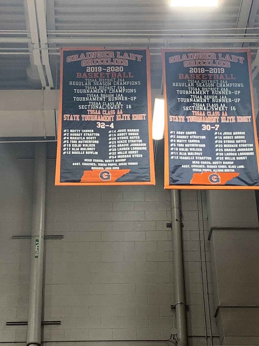 RBishop41's tweet photo. Always enjoying seeing the previous years achievements going up in the gym! Sure had a great/memorable season last year. Process has started in efforts to hang some more. Go Grizzlies! https://t.co/XlbfNnlWIh