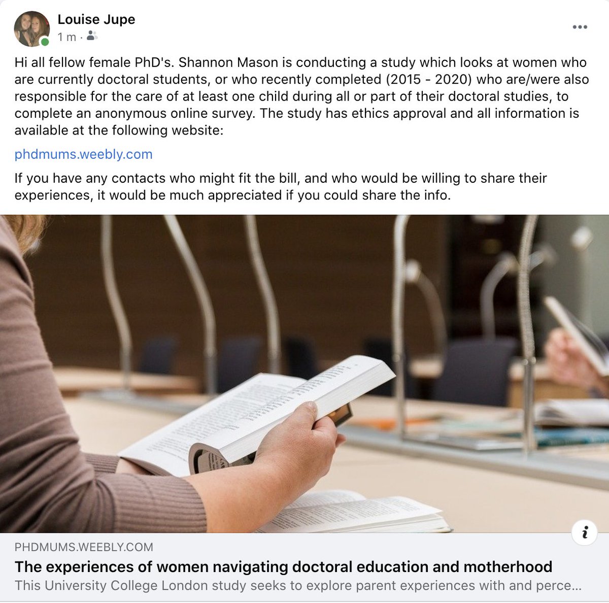 Hi all fellow female PhD's. Shannon Mason is conducting the study below (image) relating to female PhD students who had childcare responsibilities during their PhD.

If you are able to help, please click below:
phdmums.weebly.com

Also, a share would be fab if you can!
