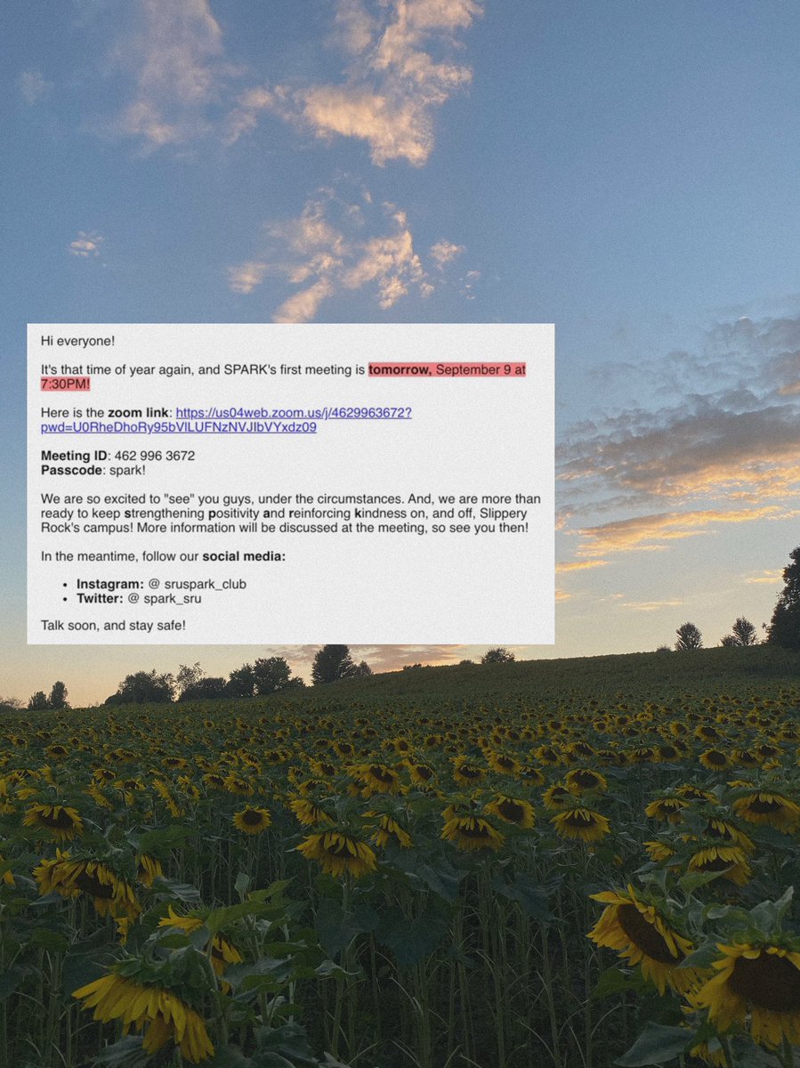 SPARK_SRU's tweet photo. sent out our first email today .. 1st meeting TMR!🌻our e-board is more than pumped to “meet” all of you! :) 🌻 read your emails, &amp; remember, we have the zoom link in our bio! meeting ID: 462 996 3672, passcode: “spark!”.. see you guys tmr at 7:30pm! #sparkclub @slipperyrocku https://t.co/dNjg3hsl1j