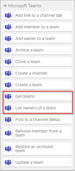 <a href="/NINTEX/">Nintex</a> WORKFLOW CLOUD - NEW ACTIONS - #MSTEAMS
Get #Teams – retrieve all the Teams and associated properties (e.g. created date, classification, description, etc.). 
List owners – retrieve all the owners and associated properties (e.g. name, email, job title, etc.) of a team.