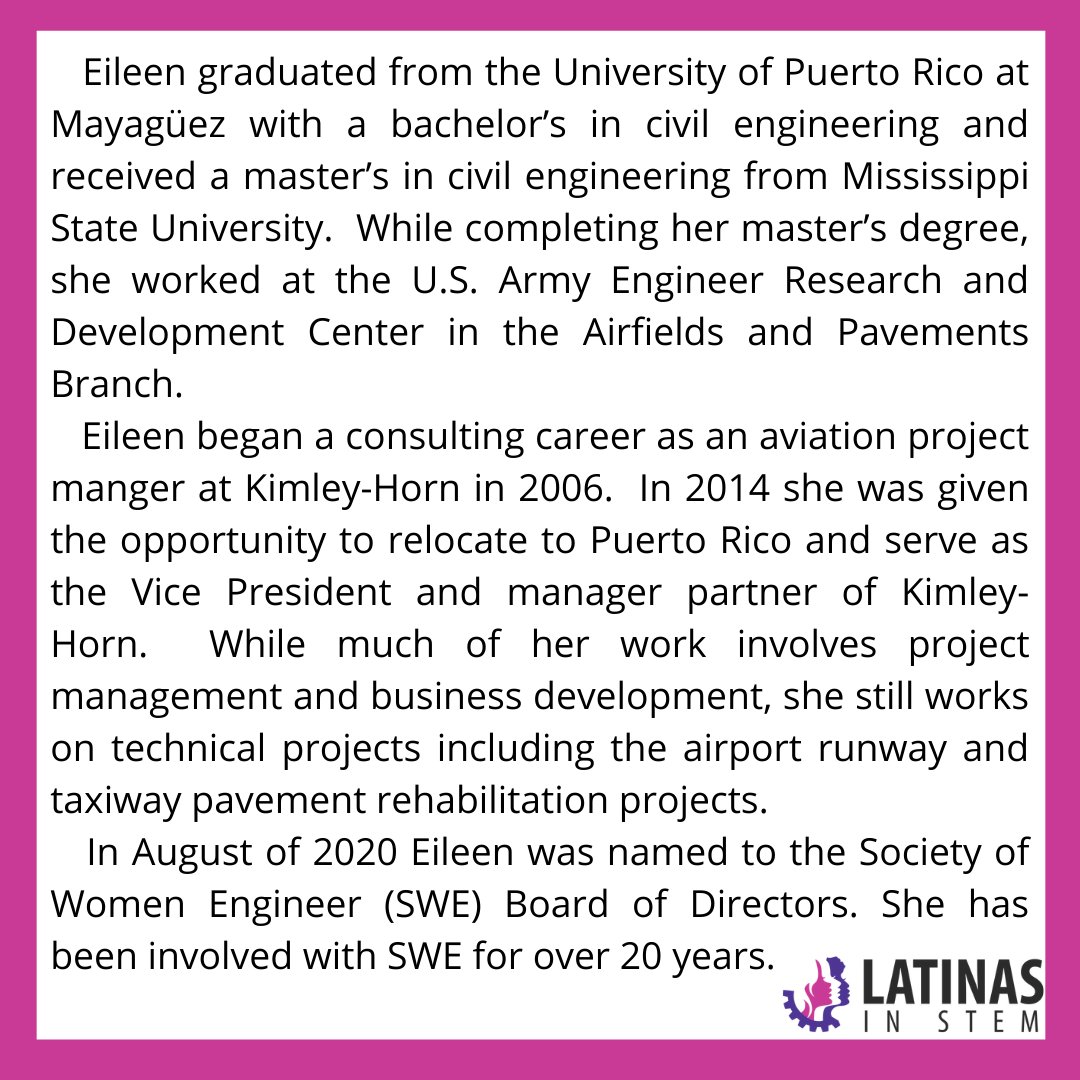 Continuing our September focus on #CivilEngineering, today we are bringing you the story of Eileen Vélez-Vega who is the Aviation Practice Lead at Kimley-Horn.  Come check out her journey!  #civilengineering #latinasinstem #womeninstem #womenengineers #latinaengineer