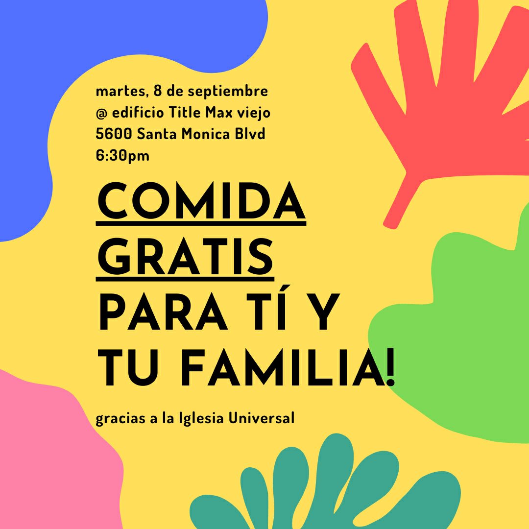 Starting at 6:30pm the Universal Church is doing a food drive at the old Title Max building! If you need food please go! #hollywoodfood A las 6:30pm la Iglesia Universal estará repartiendo comida en el edificio viejo de Title Max. ¡Si necesita comida por favor vaya!