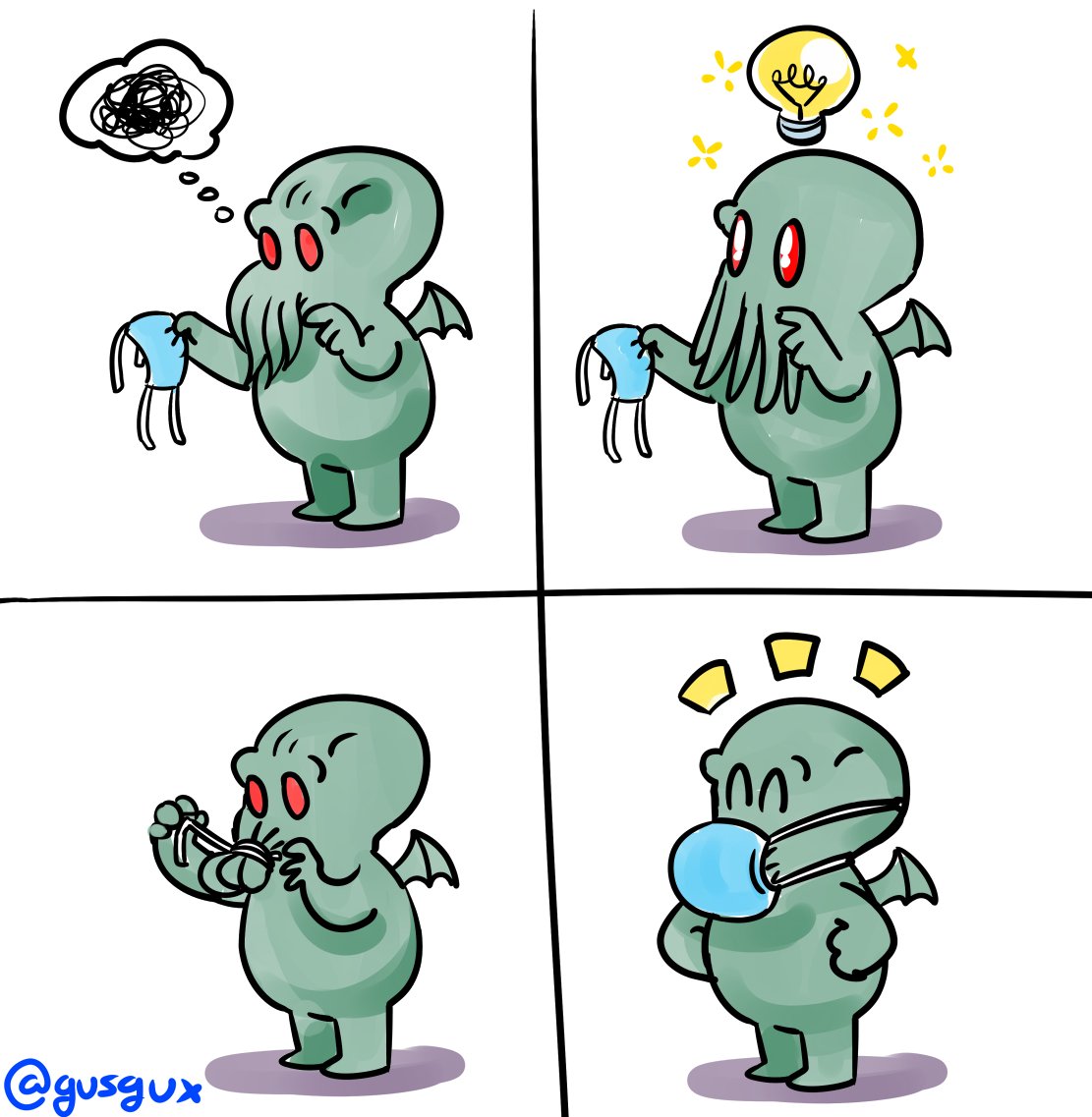 Gusgux's tweet photo. "@adiplotti Cthulhu tratando de ponerse un cubrebocas, por favor."

:3 #HoraDeLosGarabujos https://t.co/rZwr4osjIE