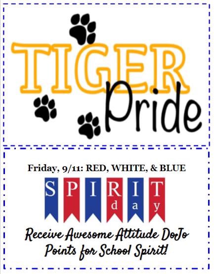 School Spirit Day!
🔴⚪️🔵⚪️🔴
Friday, 9/11: RED, WHITE. &amp; BLUE 
TIGERS who participate in our School Spirit Days show that they have an AWESOME ATTITUDE &amp; will receive DoJo Points!

#ROARSPBIS
#HowMuchWeCanGrow
#TigerPride
#WatchSunmanDearborn