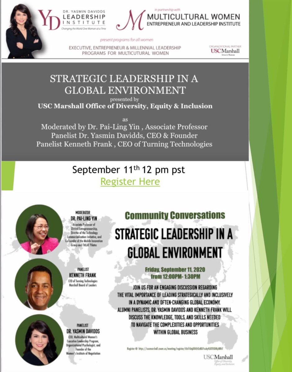 YasminInstitute's tweet photo. USC’s Community Conversations
Strategic Leadership in a Global Environment .  Join for an engaging conversation moderated by Dr. Pai-Ling Yin and featuring Dr. Yasmin Davidds and Kenneth Frank 
Friday Sept. 11, 12 pm
Please register 
https://t.co/jB5uTJZkd2 https://t.co/emmLIc7HcM