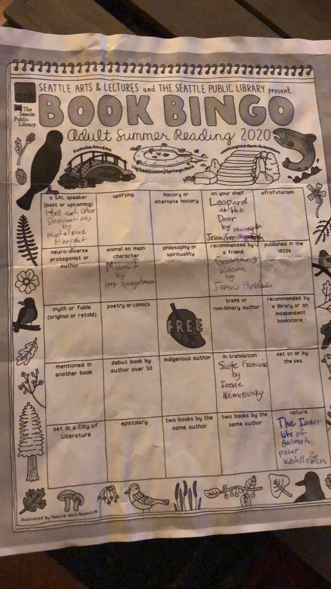 KaraTillie's tweet photo. I may be a little late submitting but here’s what I got! (Sorry for the spills and sloppy writing) @SeaArtsLectures @SPLBuzz #BookBingoNW2020 https://t.co/buDyEcPd42