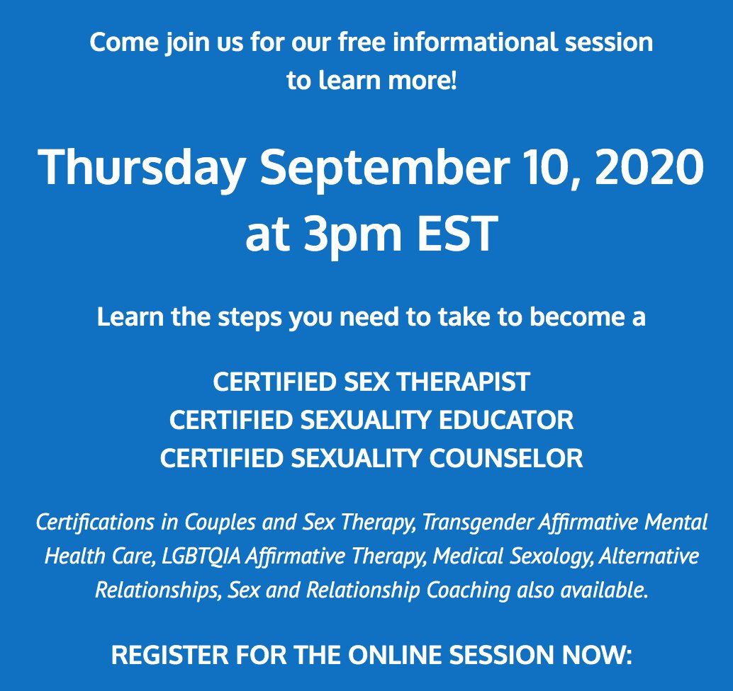 drjoekort's tweet photo. Join me on #zoom with @DrRachelNeedle & Dr. Ricky Siegel on 9/10/20 @ 3pm, EST, for a #free #informationalsession on how to become a #sextherapist, #sexualityeducator & #sexualitycounselor. Register at: https://t.co/qjmprq7yV8 https://t.co/Rq3N8YoBsP