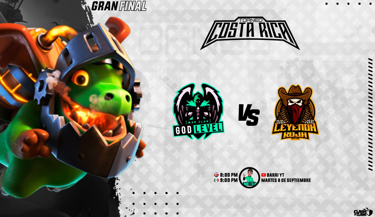 Gran Final!

¡Se avecina una batalla entre dos titanes!

¿Quien se convertirá en el nuevo monarca del Torneo Costa Rica?

👥 <a href="/Godlevelcoc/">GoD LeVeL</a> vs <a href="/RojaLeyenda/">Leyenda Roja</a> 

🕒 8:00 PM 🇨🇷 | 9:00 PM 🇲🇽

▶️ <a href="/barriok/">El Barri</a> 

#Granfinal #TCR #Mixto #COC