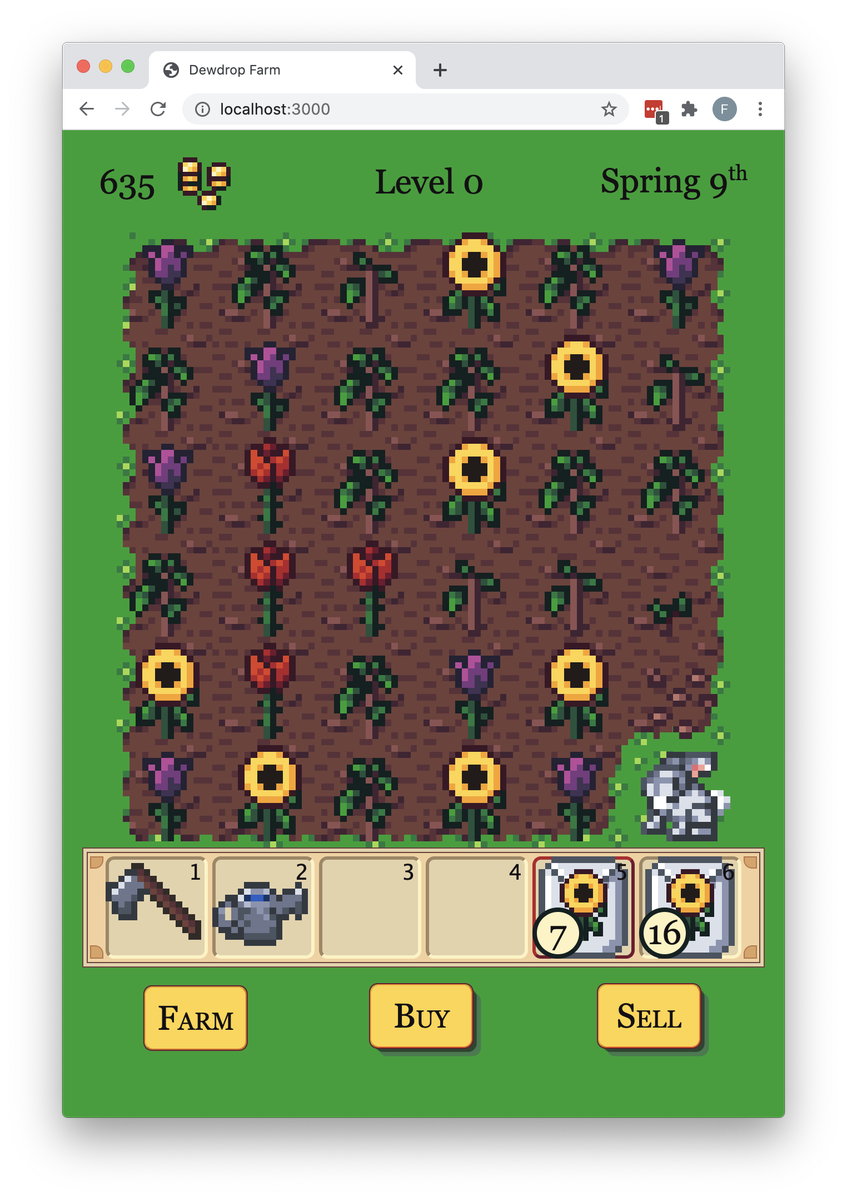 onefrankguy's tweet photo. The more experience you have, the better your chances that a wildflower seed will grow a seasonal crop. I trimmed back the number of crops to save bytes, so there are now only three crops per season. But thanks to local storage save games, you can grow a passive wildflower farm! https://t.co/uAES7M8H0I