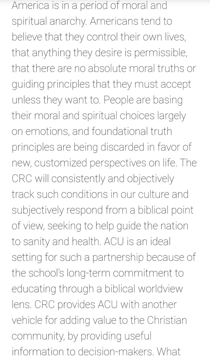 To Barna, "America is in a period of moral and spiritual anarchy" and his CRC will "help guide the nation to sanity and health" by fostering & measuring the prevalence of a "biblical worldview" in Americans.CRC's studies will "provid[e] useful information to decision-makers."/2