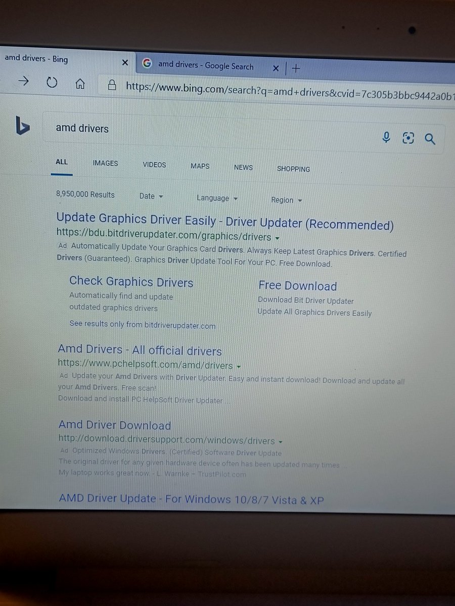 rhynobentley's tweet photo. This is why no one uses Bing... I just got a new laptop with AMD processor I went to search "amd drivers" and Bing didn't even list the official AMD website on the first window. Fail! #bingsucks #Microsoft https://t.co/12TXK5e1Iq
