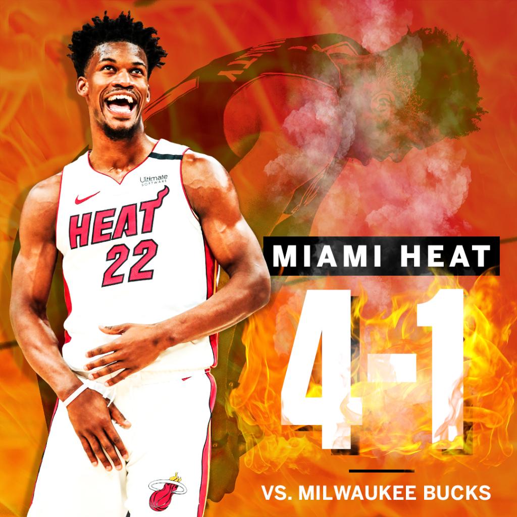 espn's tweet photo. Jimmy and the Heat knock off the No. 1-seed Bucks 🤫 https://t.co/i0qklUQgBv