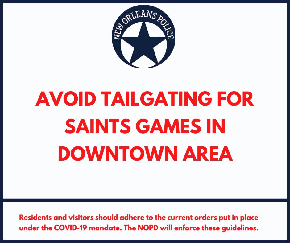 NOPDNews's tweet photo. WHO DAT FANS! We all want things to go back to normal so that we can celebrate our N.O. @Saints, but COVID is still in our community, so we have to take one for the team &amp; AVOID tailgating in the downtown area during the games. We can still cheer for our boys from our homes! 🗣🏈 https://t.co/NMa1GQxq0n
