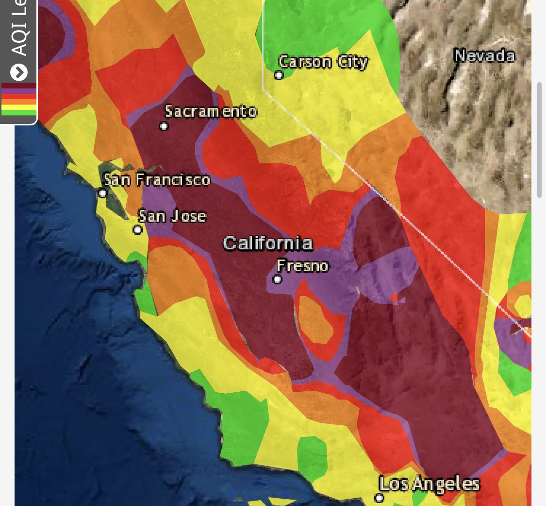 AlyssaFJohansen's tweet photo. HAZARDOUS: Fresno, avoid being outdoors. You do not want to be breathing in this air. AQI right now is at 444– that’s hazardous. @ABC30 https://t.co/RJqFg24ovv