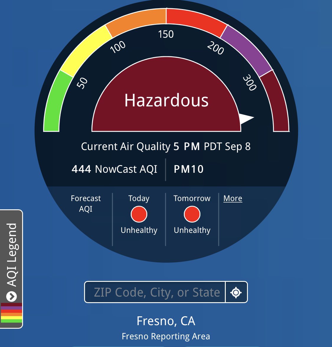AlyssaFJohansen's tweet photo. HAZARDOUS: Fresno, avoid being outdoors. You do not want to be breathing in this air. AQI right now is at 444– that’s hazardous. @ABC30 https://t.co/RJqFg24ovv