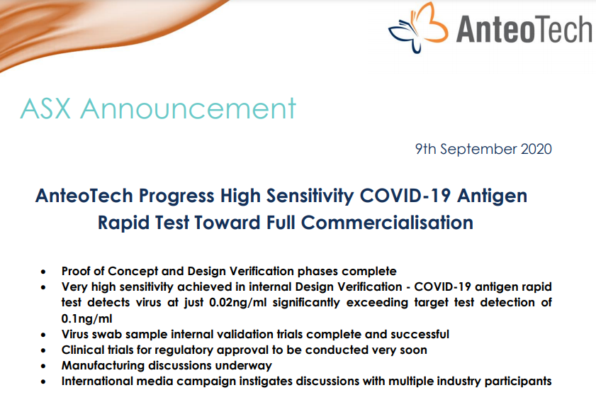 AnteoTech_'s tweet photo. AnteoTech has progressed the development of the #COVID19 high sensitivity #antigen test to the end of the second phase. Read more: https://t.co/N808IATUCO

#rapidtest $ADO #lifesciences #technology #investing #news #ASX https://t.co/T3JiCvBIxV
