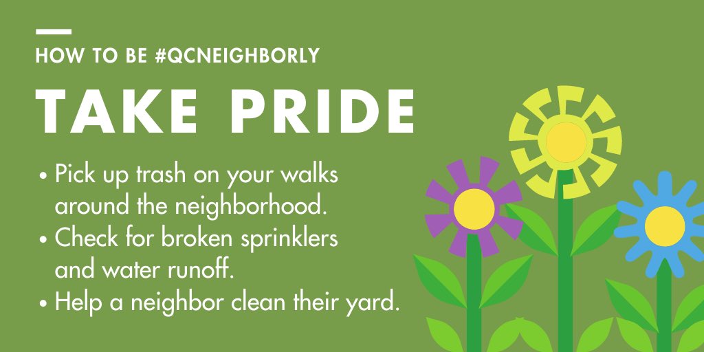 TownofQC's tweet photo. Today's #QCNeighborly focus is on taking pride! Taking pride in your community can look a number of different ways. 

What are some ways that you like to show your QC community pride? https://t.co/s3n8rz3cES