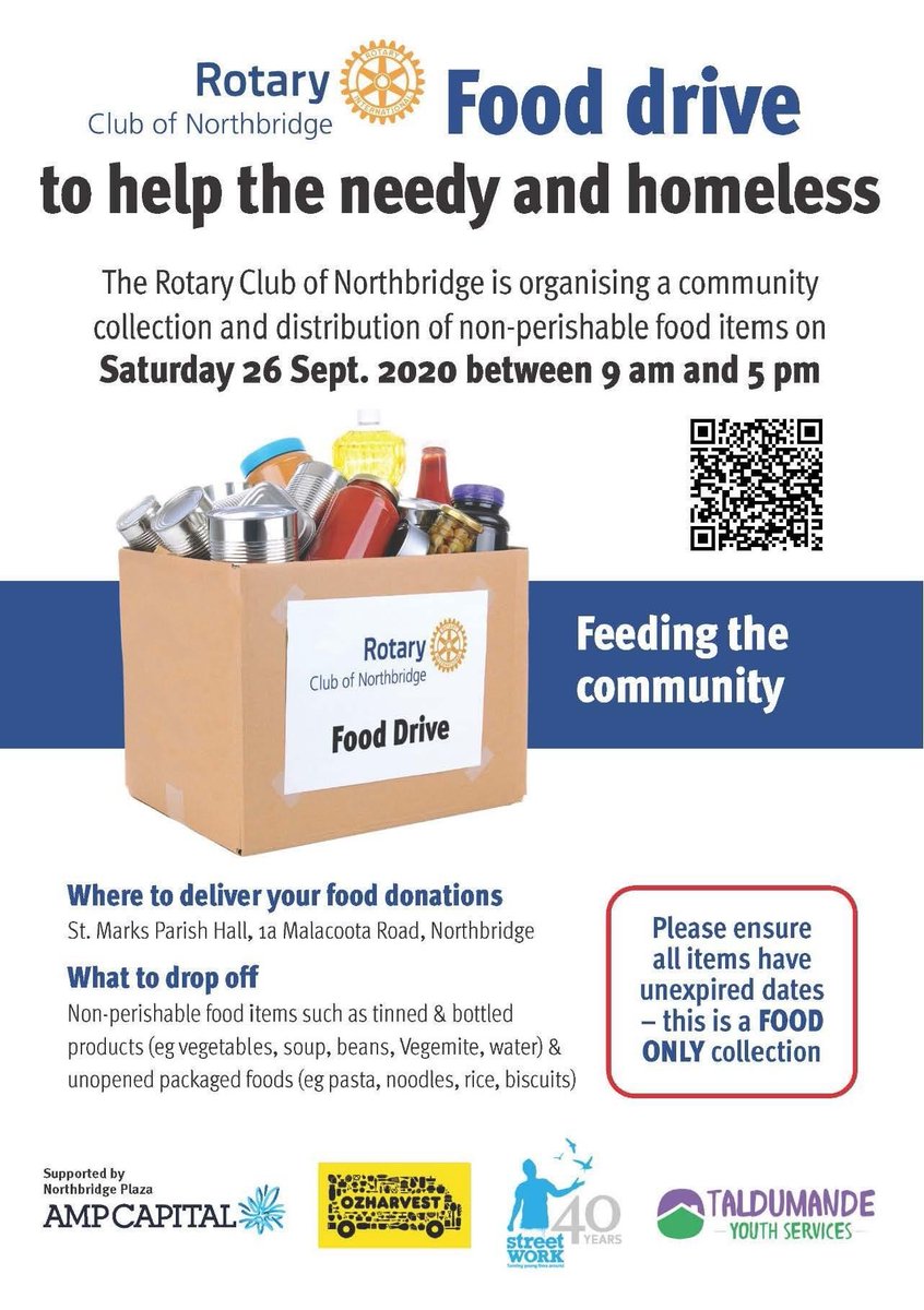 StreetWorkEO's tweet photo. Help The Rotary Club of Northbridge stock the kitchen cupboards of  Taldumande's crisis accommodation houses by dropping off cans and non-perishable foods at St Marks Parish Hall - 1a Malacoota Road, Northbridge.  #turningyounglivesaround https://t.co/3sr8cR0QoT