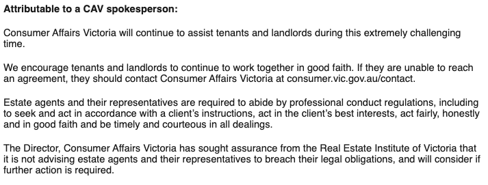 Lastly, a tidbit that didn't make the article by deadline.  @consumervic's director is currently seeking clarification from the  @REIVictoria that it is *NOT* advising its members to engage in potentially illegal conduct. Here's their full statement to me.