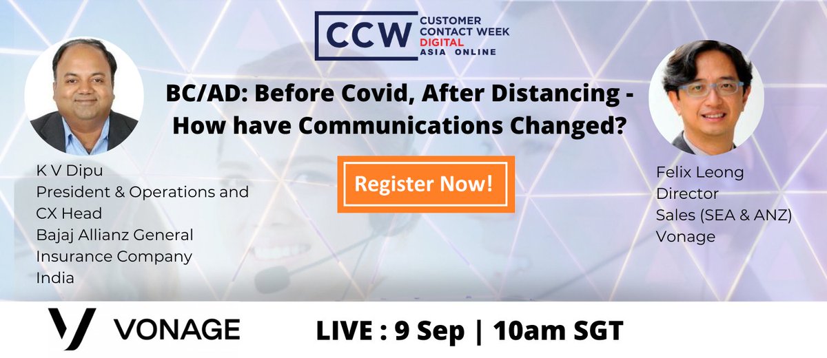IQPCAsia's tweet photo. Meet Felix Leong from Vonage and K V Dipu from Bajaj Allianz General Insurance Company today at 10am SGT as they talk about the current climate and the pain point that came along with this.
Join us here >> https://t.co/maMg3lTQUF https://t.co/Md9LuQYg2M