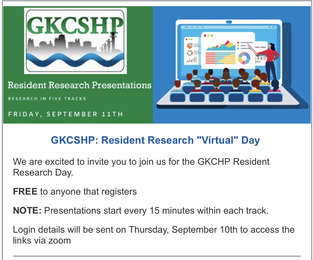 gkcshp's tweet photo. Our amazing pharmacy residents (yes, I said residents) will be presenting amazing research across five different speciality tracks this Friday (9/11). Register today, so you don't miss out! 
LINK: https://t.co/EaZObqvMT0 https://t.co/k6Vk6OFjtn